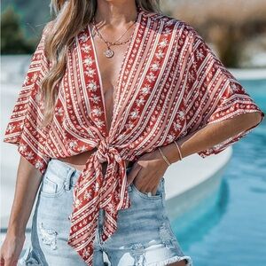 Red Open Front Tie-Waist Boho Cover-Up Top